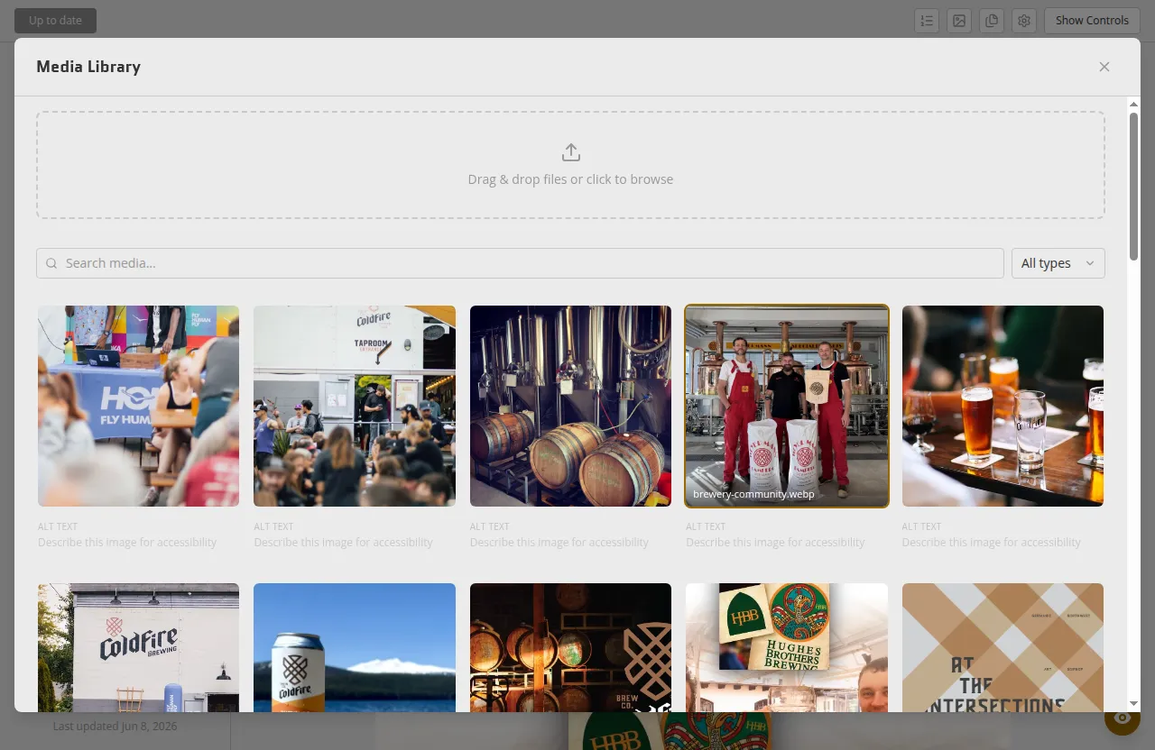The media library in select mode for inserting or swapping a Media section's image